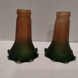 Pair Amber Green Tiffany Style Fluted Tulip Lily 6” Shade No Chips Or Cracks